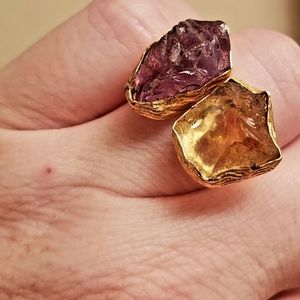 New Rough Amethyst and Citrine Gold Plated Ring.